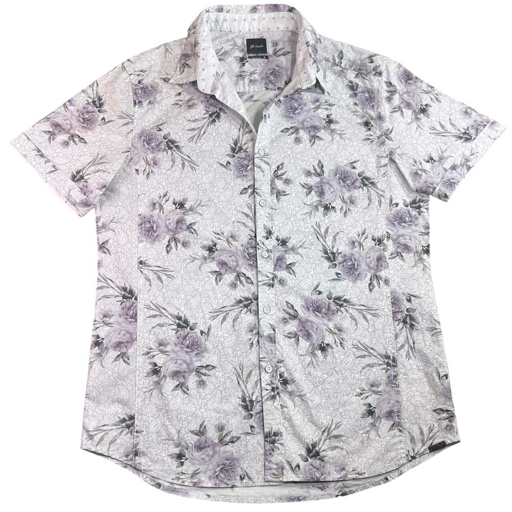 J.B. Holt Standard Men's Med Short Sleeve Floral Button-Down Shirt Gray Purple